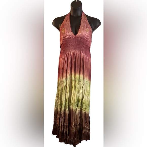Boho tie dye tiered flirty feminine hippie Multicolor Halter Maxi Dress OS - Picture 1 of 10